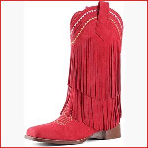 Women's Fringe Mid Calf Cowboy Boots Low Chunky Block Heel Square Toe Pull On